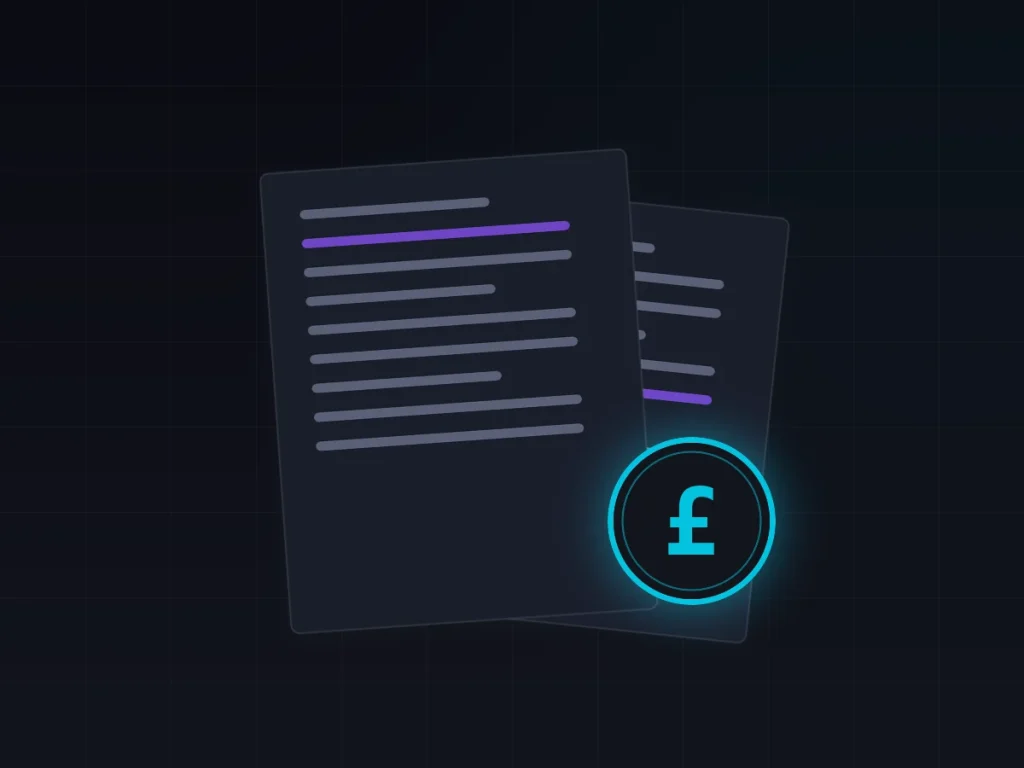 Illustration of crypto tax records and a pound sterling coin for Manchester crypto tax preparation